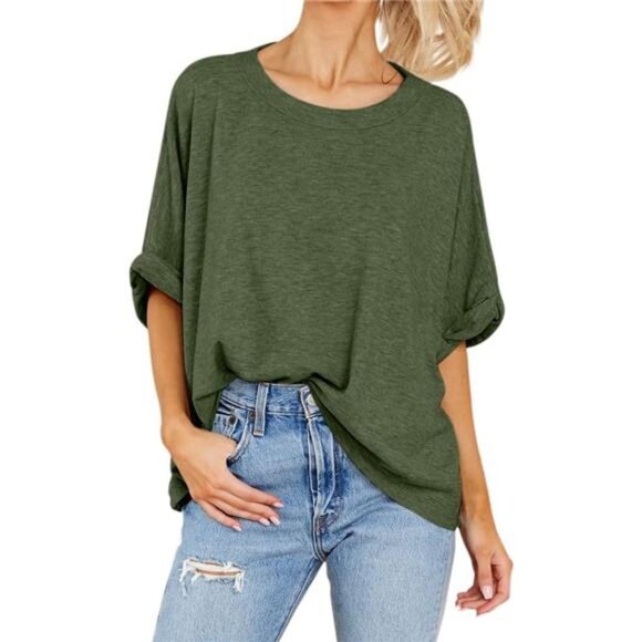 Women Army Green Oversized T-Shirt Summer Casual Short Sleeve Loose Tee Tops‎ - Picture 2 of 6